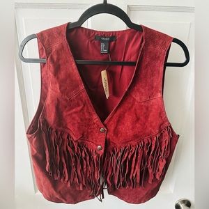 Burgundy Suede western style vest with Fringe